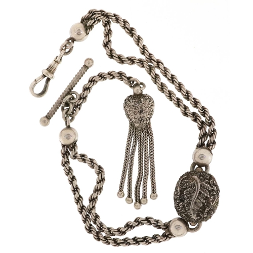 2507 - A Victorian unmarked silver watch chain with T bar and tassel, 27cm in length, 13.5g.