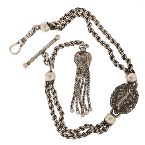 2507 - A Victorian unmarked silver watch chain with T bar and tassel, 27cm in length, 13.5g.