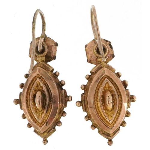 2371 - A pair of Victorian yellow metal drop earrings, 2.6cm high, total 1.5g.