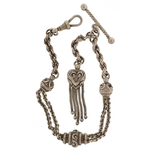 2352 - A Victorian unmarked silver watch chain with T bar and tassel, 25cm in length, 12.0g.