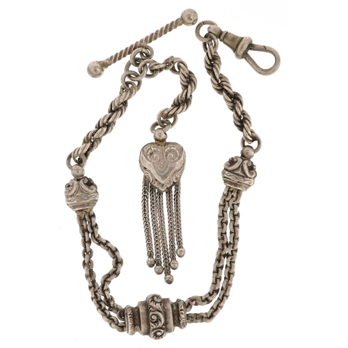 2352 - A Victorian unmarked silver watch chain with T bar and tassel, 25cm in length, 12.0g.