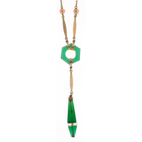 2336 - An Art Deco style 9ct gold and green stone necklace, 38cm in length, 4.9g.