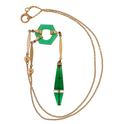 2336 - An Art Deco style 9ct gold and green stone necklace, 38cm in length, 4.9g.