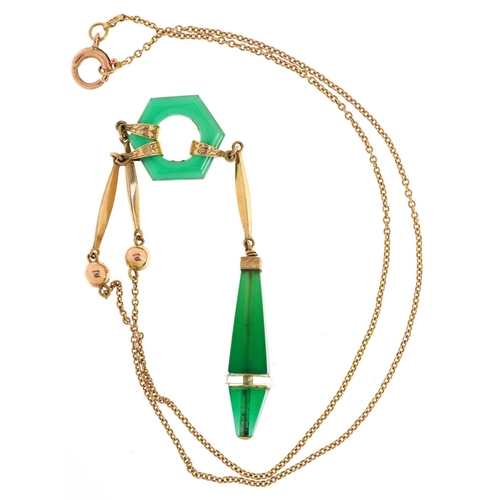 2336 - An Art Deco style 9ct gold and green stone necklace, 38cm in length, 4.9g.