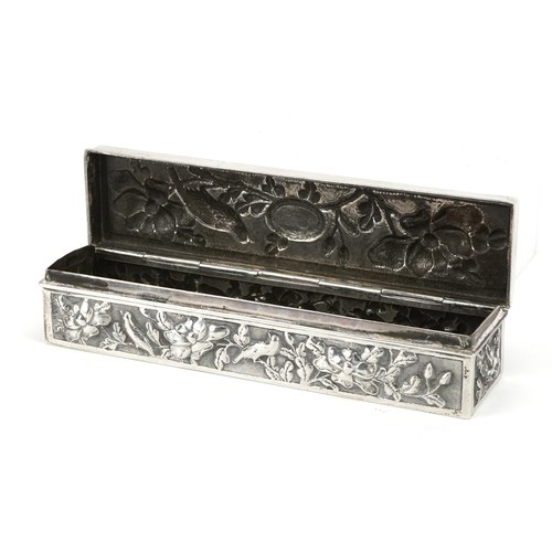 58 - A Chinese export rectangular silver box with hinged lid, embossed with birds amongst flowers, SM mak... 