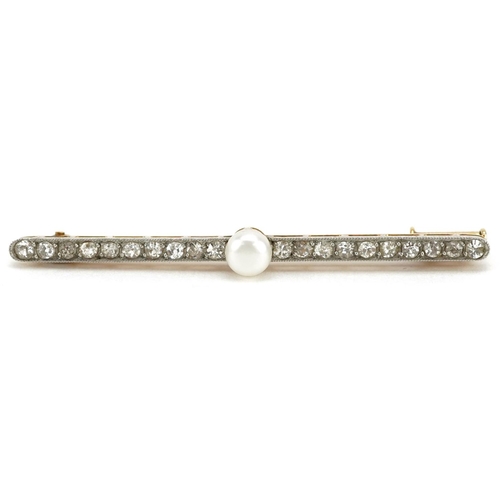 An 18ct gold diamond and cultured pearl bar brooch set with twenty diamond solitaires, 5cm wide, 3.4g.