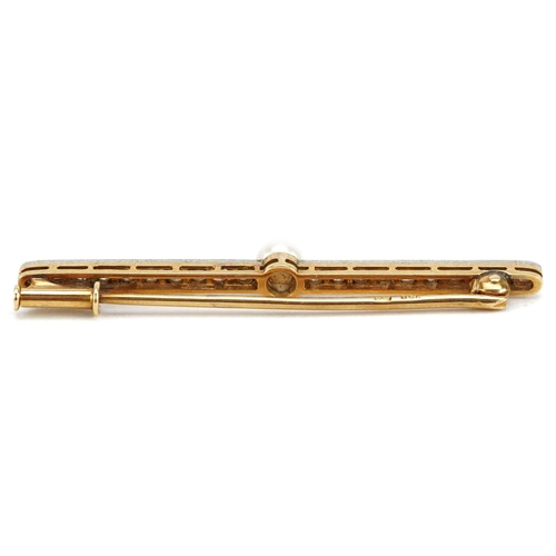 2396 - An 18ct gold diamond and cultured pearl bar brooch set with twenty diamond solitaires, 5cm wide, 3.4... 