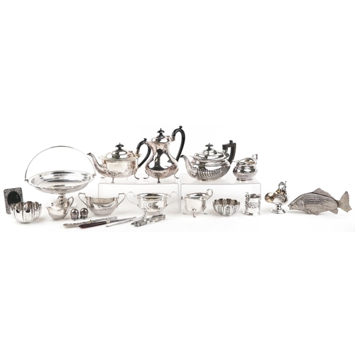 1315 - A small collection of silver and plated items including three piece tea set, a tazza, a pair of salt... 