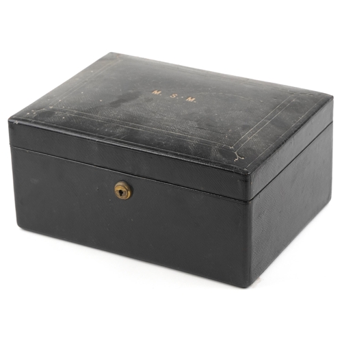 1221 - A Victorian black leather bound stationery box by Lund, 57 Cornhill, London, bearing gilt initials t... 