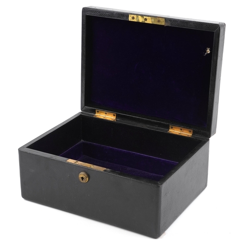 1221 - A Victorian black leather bound stationery box by Lund, 57 Cornhill, London, bearing gilt initials t... 