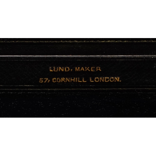 1221 - A Victorian black leather bound stationery box by Lund, 57 Cornhill, London, bearing gilt initials t... 