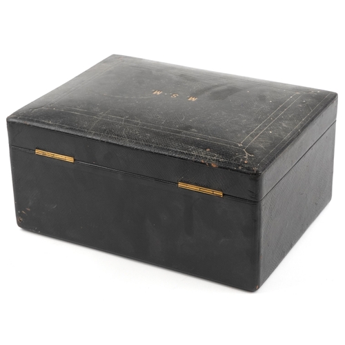 1221 - A Victorian black leather bound stationery box by Lund, 57 Cornhill, London, bearing gilt initials t... 