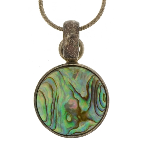 3497 - Silver abalone pendant on silver necklace, 3.8cm high and 40cm in length, 12.0g