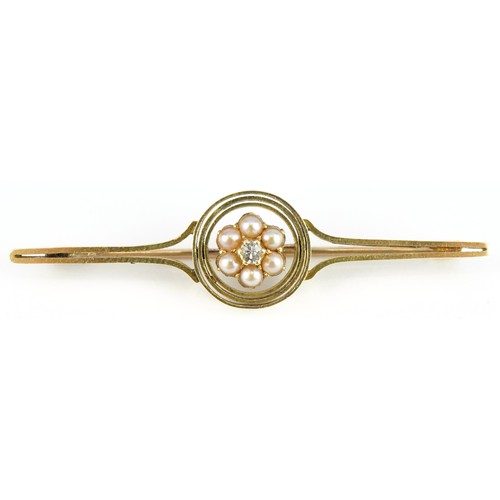 3062 - 15ct gold diamond and pearl bar brooch, 5cm wide, 4.2g