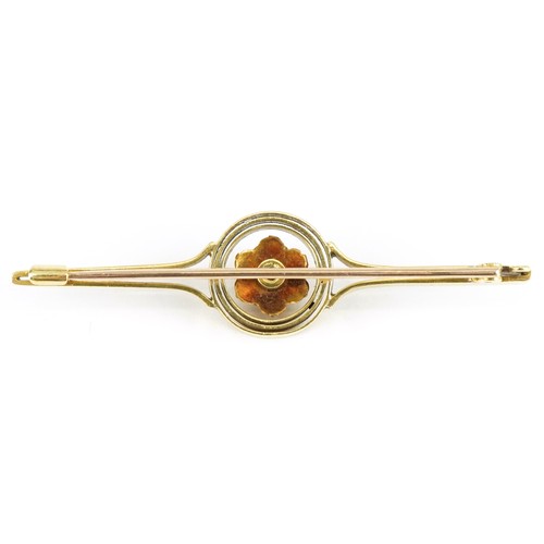 3062 - 15ct gold diamond and pearl bar brooch, 5cm wide, 4.2g