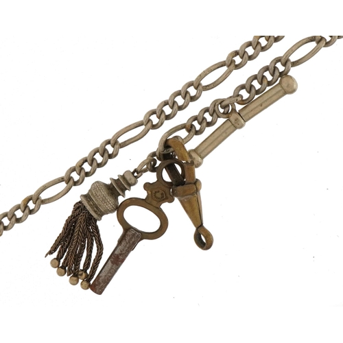 3665 - Victorian white metal watch chain with tassel, T bar and watch key, 30cm in length, 17.0g