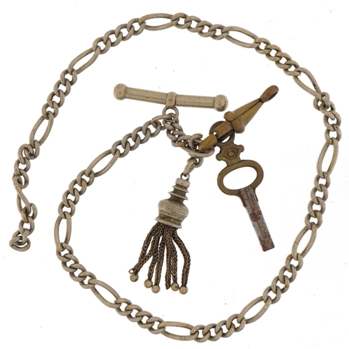 3665 - Victorian white metal watch chain with tassel, T bar and watch key, 30cm in length, 17.0g