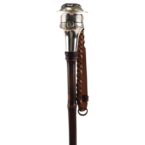 2436 - Scarce military interest bamboo walking stick, the silver plated handle in the form of a helmet, 85c... 