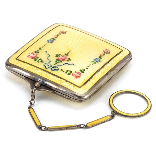 George L Brown Co., an Art Deco unmarked silver and guilloche enamel compact with guilloche enamelled chain, impressed G L B. Co., 6.5cm wide, 82.4g.