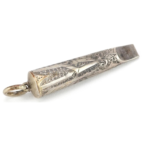  A Victorian aesthetic unmarked silver whistle, 4.2cm in length, 3.4g