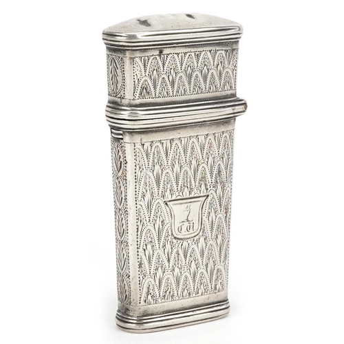 Taylor & Perry, a George IV silver etui with engraved decoration, indistinct date mark, possibly Birmingham 1830, 6cm high, 20.0g.