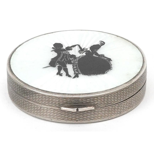 Stockwell & Co., an Art Deco engine turned silver and guilloche enamel compact hand painted with ballroom dancers, 5cm in diameter, 51.0g.