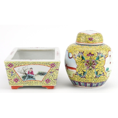 140 - A group of three Chinese famille jaune porcelain items, 20th century, including a rectangular jardin... 