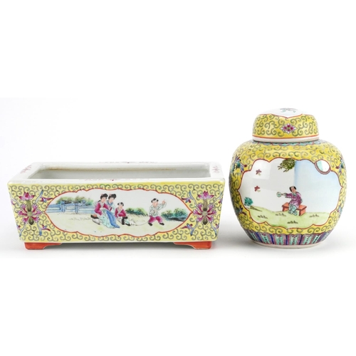 140 - A group of three Chinese famille jaune porcelain items, 20th century, including a rectangular jardin... 