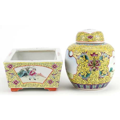 140 - A group of three Chinese famille jaune porcelain items, 20th century, including a rectangular jardin... 