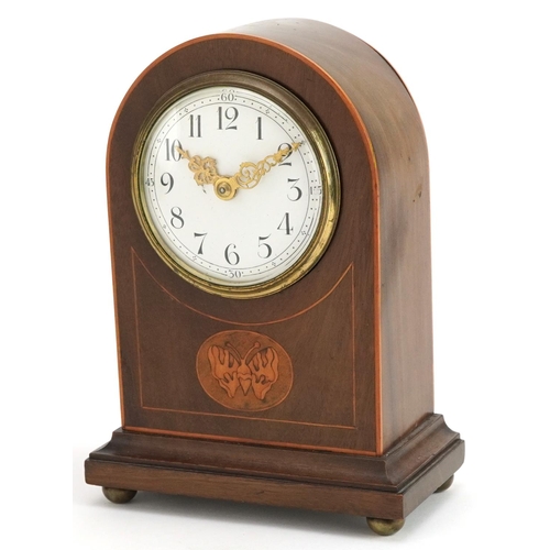 232 - An Edwardian mahogany cased mantle clock with inlaid decoration, the circular white enamelled dial o... 