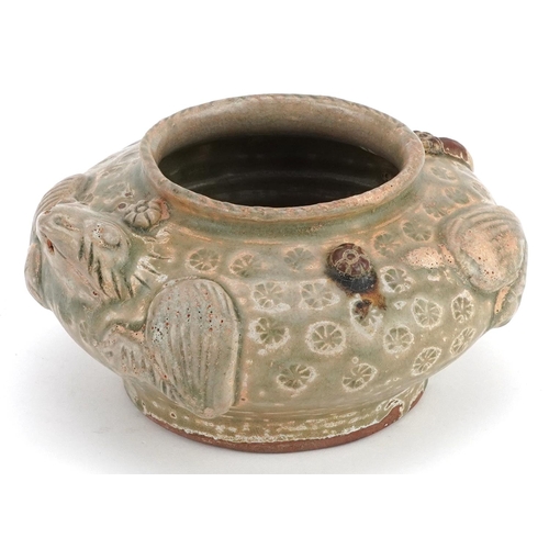 250 - A Chinese celadon glazed vase in the form of a frog together with a stone necklace, the vase 13cm in... 