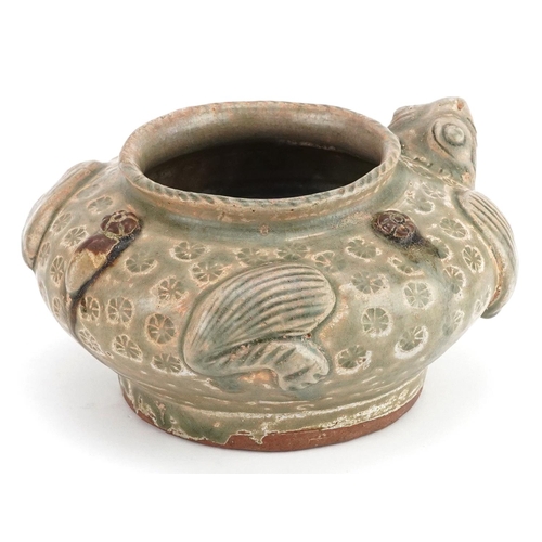 250 - A Chinese celadon glazed vase in the form of a frog together with a stone necklace, the vase 13cm in... 