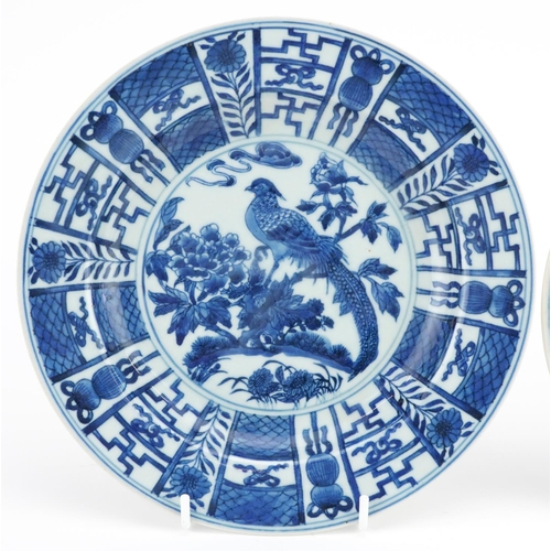 202 - Two Chinese porcelain blue and white plates hand painted with figures and a bird of paradise, the la... 