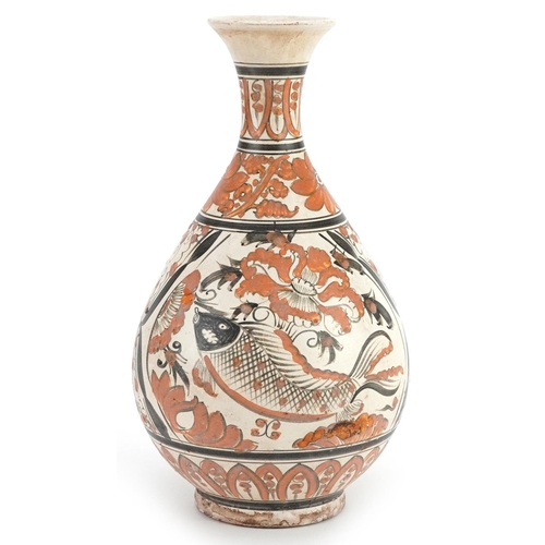 173 - A Chinese stoneware vase hand painted with birds of paradise, fish and foliage, 28cm high.