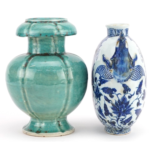 246 - A Chinese porcelain celadon glazed vase, six figure character mark to the base together with a blue ... 