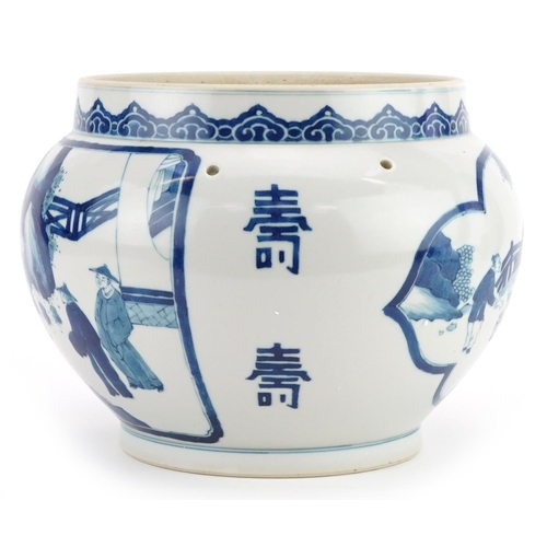 74 - A Chinese porcelain blue and white jardinière hand painted with figures in a landscape, double blue ... 