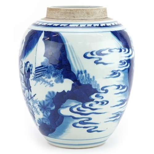 102 - A Chinese porcelain blue and white jar hand painted with an emperor and attendants, 24cm high.