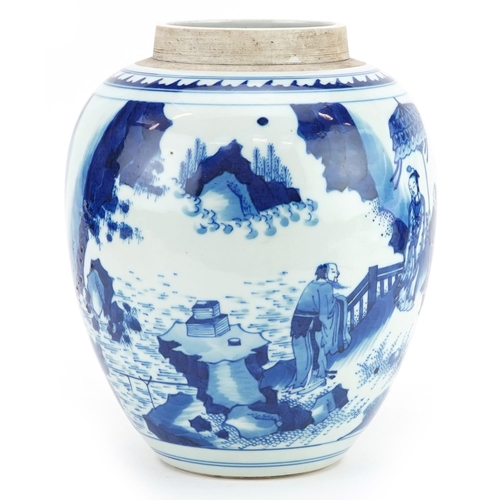 102 - A Chinese porcelain blue and white jar hand painted with an emperor and attendants, 24cm high.