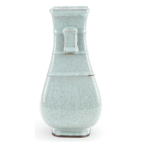 36 - A 20th century Chinese porcelain celadon crackle glazed vase with twin handles, 31cm high.