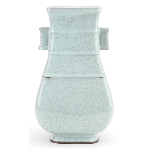 36 - A 20th century Chinese porcelain celadon crackle glazed vase with twin handles, 31cm high.