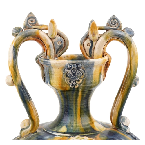 141 - A 20th century Chinese stoneware twin handled vase with blue and yellow drip glaze, 44cm high.