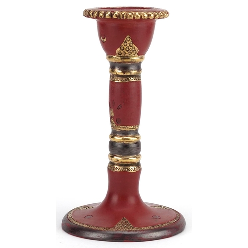 110 - A Turkish Tophane partially gilt pottery candlestick, 18cm high