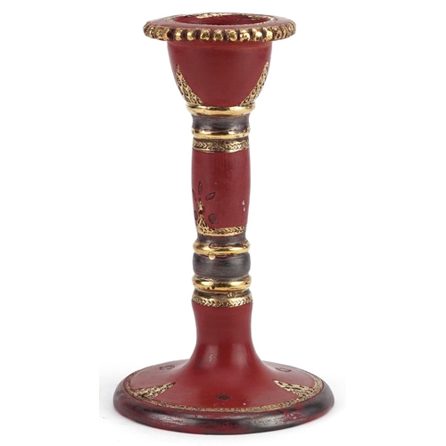 110 - A Turkish Tophane partially gilt pottery candlestick, 18cm high