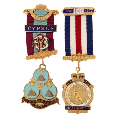 Two silver gilt and enamel RAOB jewels commemorating Queen Elizabeth II Silver Jubilee and Cyprus El Firdan Lodge 8677, total weight 71.5g.