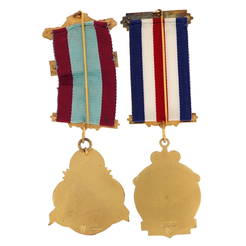  Two silver gilt and enamel RAOB jewels commemorating Queen Elizabeth II Silver Jubilee and Cyprus El... 