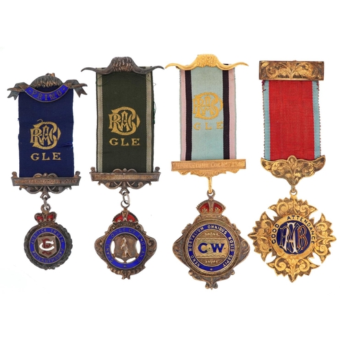 2260 - Four silver and enamel RAOB Middle Tune Lodge jewels awarded to S E Russell including Good Attendanc... 