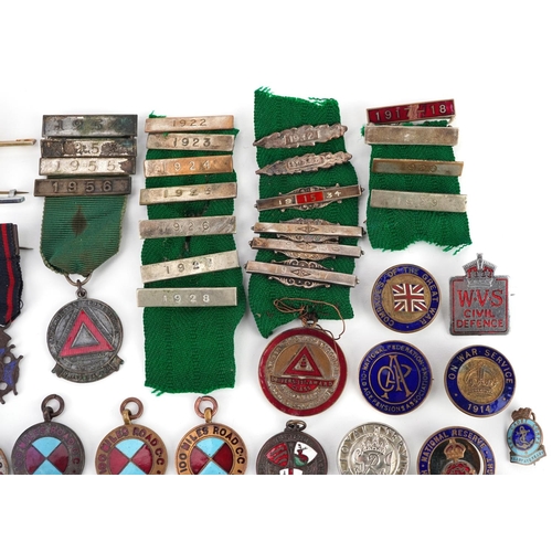 2254 - A collection of antique and later badges and jewels, some enamelled, including For Loyal Service bad... 