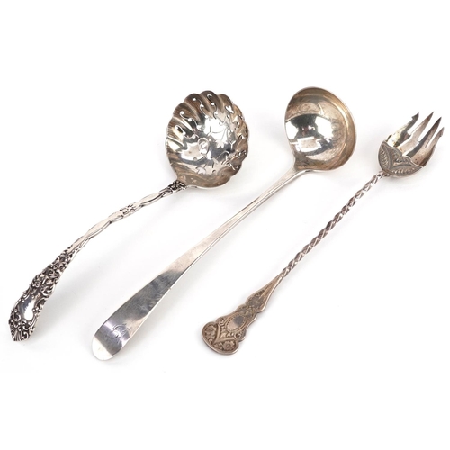 542 - Georgian and later silver flatware including a sifting spoon and ladle, the largest 14.5cm in length... 