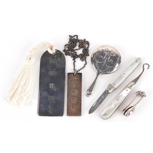 547 - Edwardian and later silver objects including mother of pearl handled folding fruit knife and buttonh... 