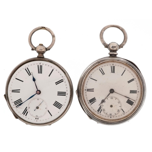 3764 - Two gentlemen's silver open face pocket watches with enamelled dials, each 52mm in diameter.